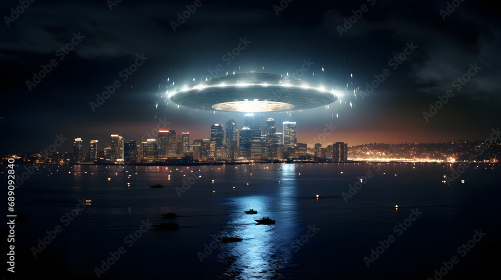 UFO in the night sky over the city