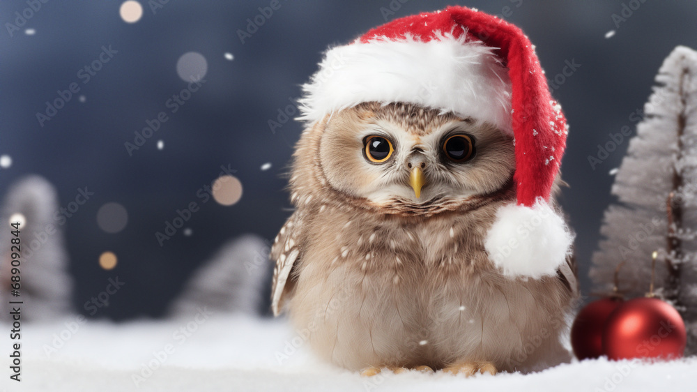Cute Owl in Santa Hat with Christmas Tree Background Cute Owl in Santa Hat with Christmas Tree Background