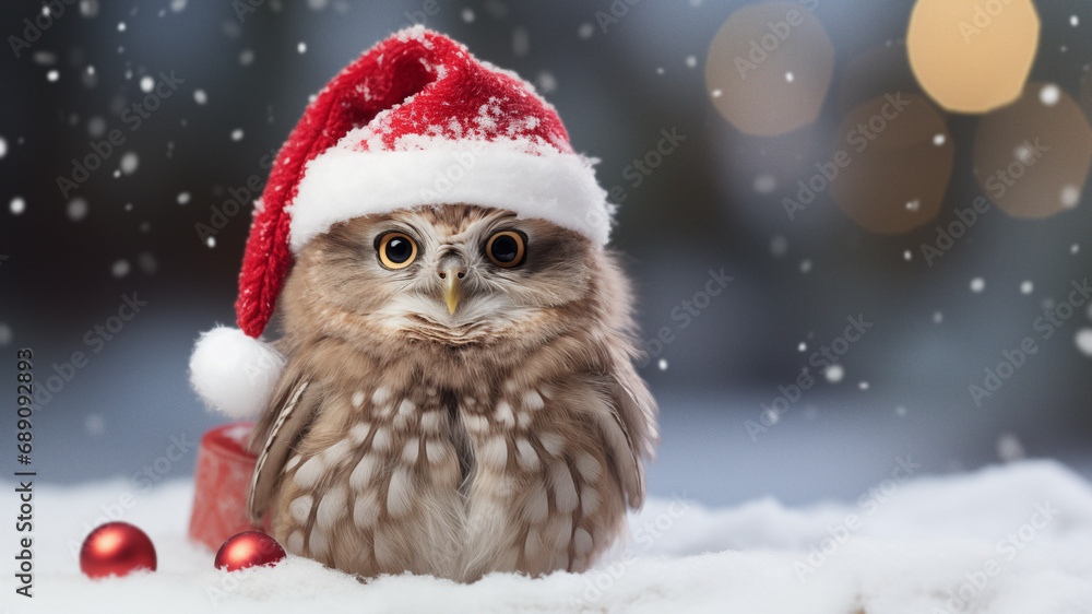 Cute Owl in Santa Hat with Christmas Tree Background Cute Owl in Santa Hat with Christmas Tree Background