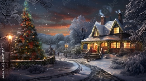 christmas evening in winter forest, falling snow christmas tree and english cottage with lightbulbs in background, intricate details, highly detailed, digital painting, stunning, textures © Elvin