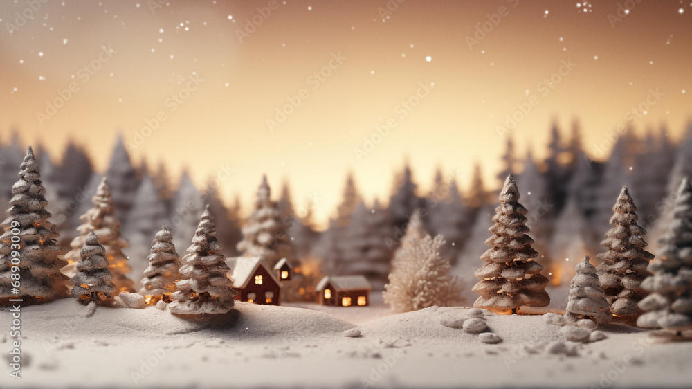 Snowy Winter Scene with Gingerbread Houses and Trees