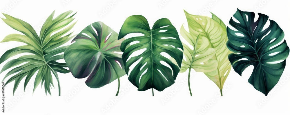Exotic plants, palm leaves, monstera on an isolated white background, watercolor illustration, Generative AI - obrazy, fototapety, plakaty 