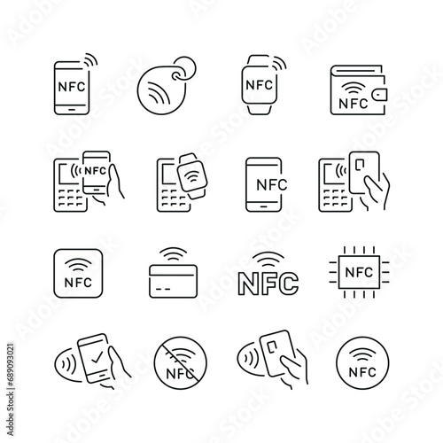 Vector line set of icons related with nfc. Contains monochrome icons like credit card, smartphone, pos, contactless, cashless and more. Simple outline sign.