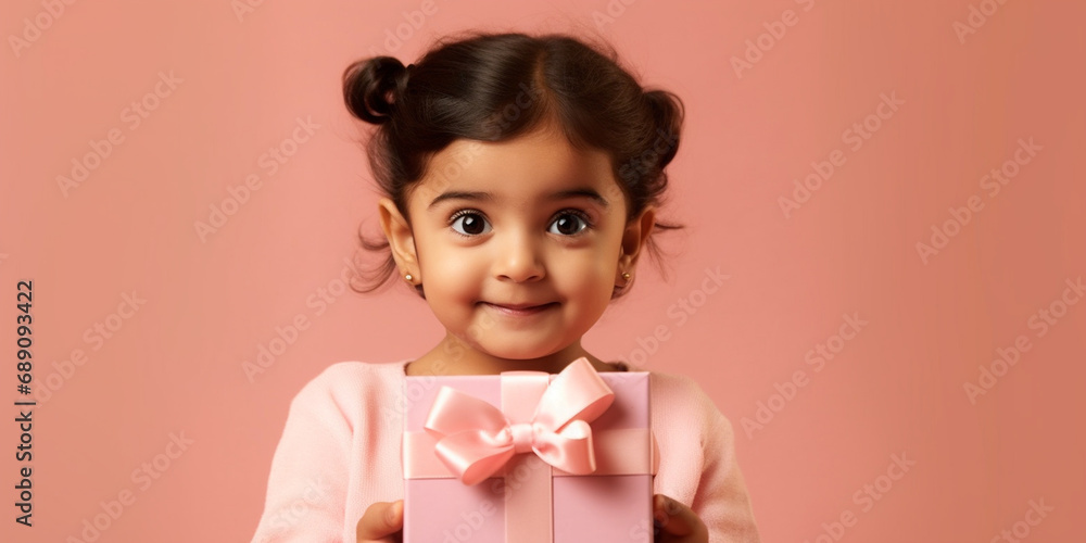 A nice young indish child girl happily surprised with a gift in her hands with a pink background A nice young indish child girl happily surprised with a gift in her hands with a pink background