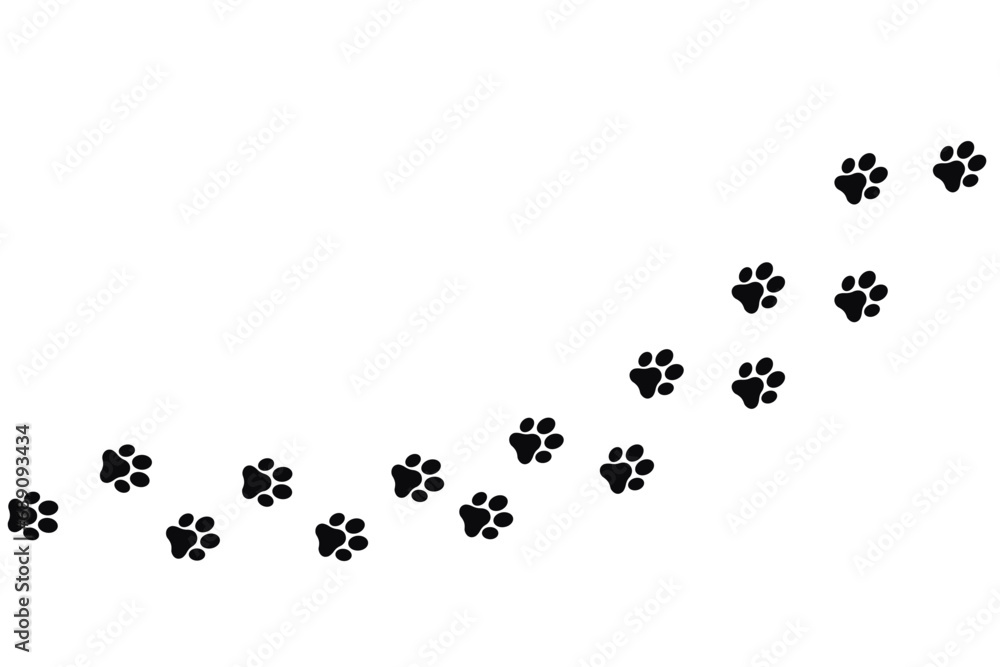 Foot trail print of Dog. Dog walk foot print. Black cat Paw Prints. Black Paw print foot trail of animal on transparent background. Paw print of Cat isolated on transparent background - obrazy, fototapety, plakaty 