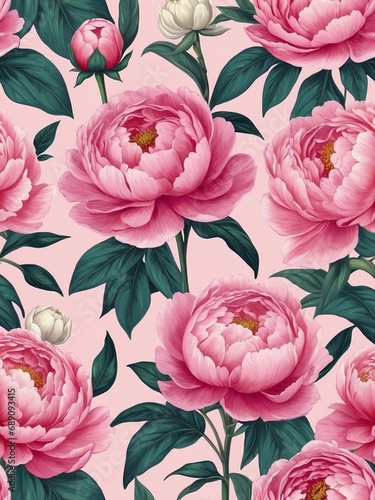 White and pink peonies pattern. Floral detailed pattern. Floral natural pink background. Composition of flowers. Stock illustration.