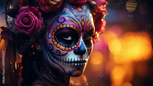 Beautiful model woman with Santa muerte makeup, carnival mask. Sugar skull for Day of the Dead festival in Mexico Dia de los Muertos. Creative colorful and glamor make-up. Halloween. Copy space