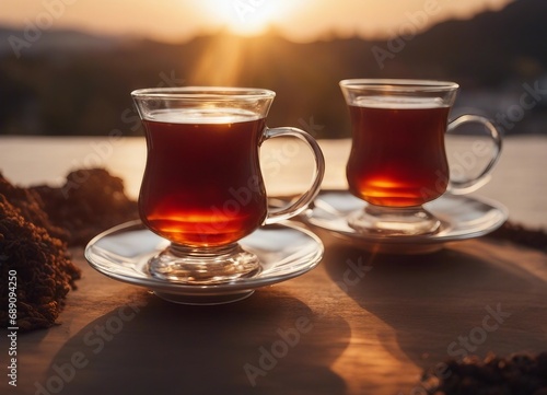 traditional turkish tea in a glass, hot and smoky, sunrise with the sun behind 