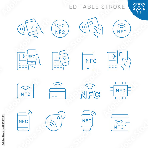 Vector line set of icons related with nfc. Contains monochrome icons like credit card, smartphone, pos, contactless, cashless and more. Simple outline sign. Editable stroke.