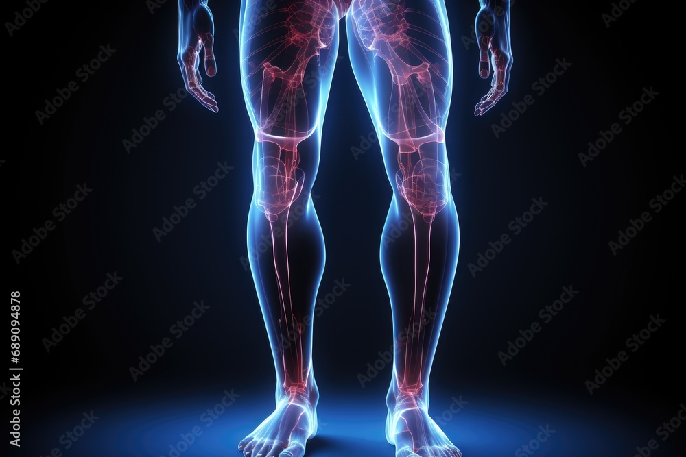 Female body anatomy x-ray with visible visible bones. 3D rendering, 3d rendered illustration of a body, knee pain, AI Generated