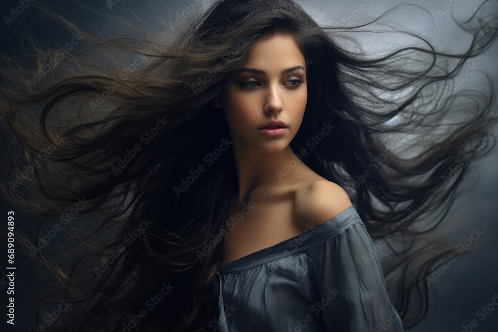 Portrait of a beautiful brunette woman with long flying hair, A beautiful tender girl in a silk top with beautiful long dark hair developing in the wind, AI Generated