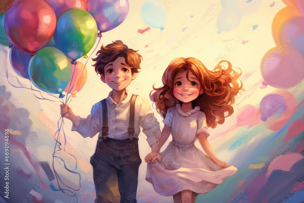 Boy and girl with balloons on a background of multicolored clouds, A boy and a girl holding colorful balloons, AI Generated Boy and girl with balloons on a background of multicolored clouds, A boy and a girl holding colorful balloons, AI Generated