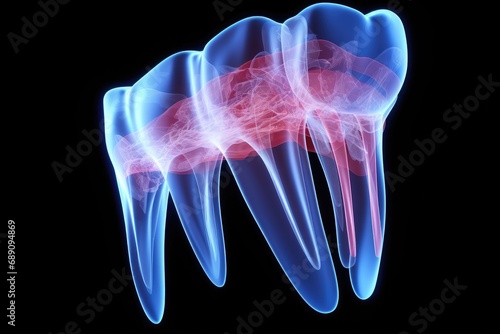 Digital illustration of molar tooth in blue colour isolated on black background, 3d render of jaw x-ray with aching tooth, AI Generated