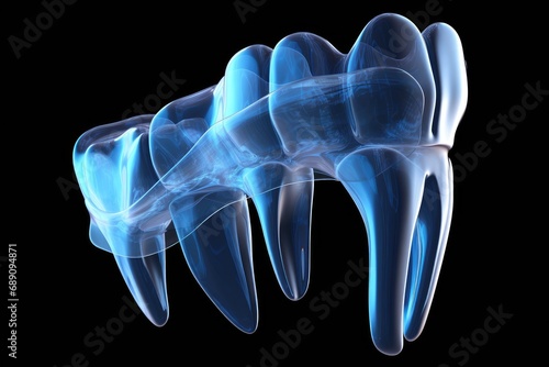 Tooth on a black background, x-ray image, 3d render, 3d render of jaw x-ray with aching tooth, AI Generated