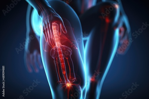 Female body with highlighted knee pain on blue background. 3D illustration, 3d rendered illustration of a body, knee pain, AI Generated photo