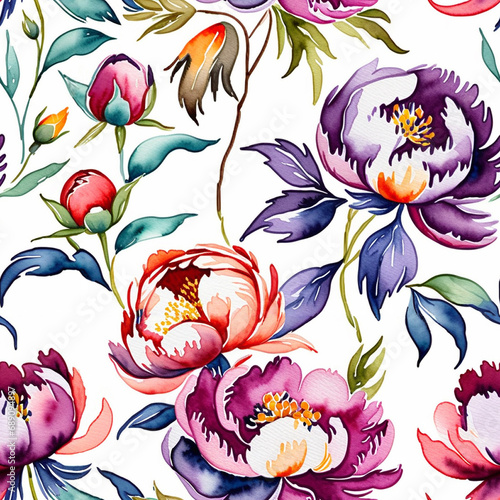 Seamless pattern in watercolor style. Peonies on a white background. Design of wrapper, packaging, postcard. Printing on fabric and paper.