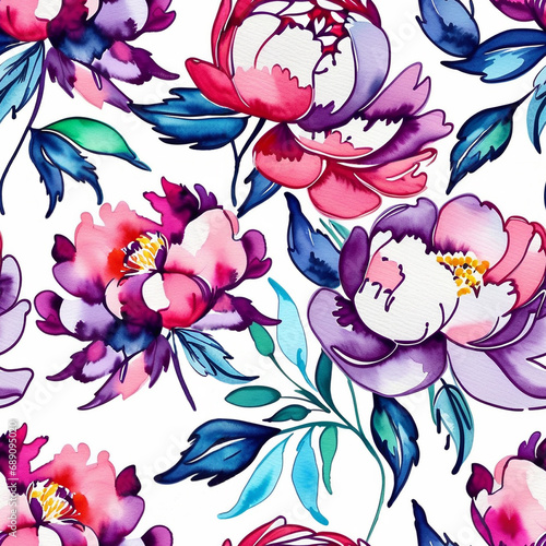 Seamless pattern in watercolor style. Peonies on a white background. Design of wrapper, packaging, postcard. Printing on fabric and paper.