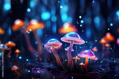 Mushrooms in the forest at night. 3D illustration, 3D illustration of an abstract background with bokeh lights and mushrooms, AI Generated