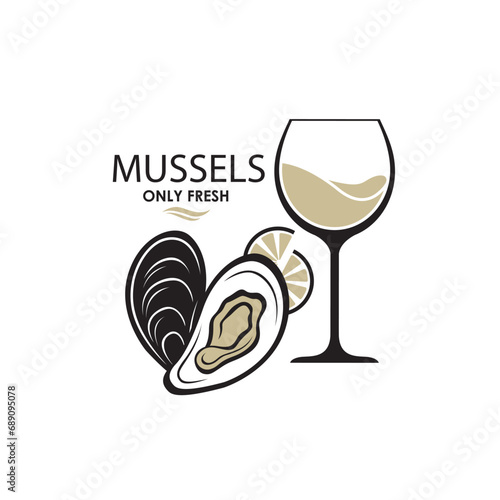 label of fresh mussel shell isolated on light background