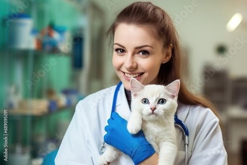 Veterinarian holding a cat in his hands. Pet care, A beautiful female vet nurse doctor examining a cute happy cat, AI Generated