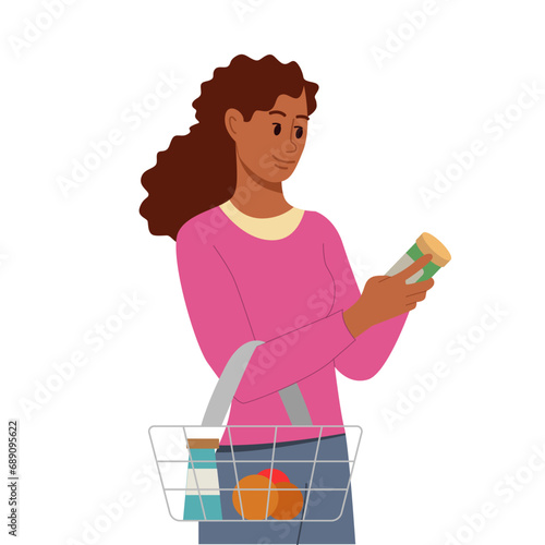 African American Woman Reads Food Labels of Products at Supermarket. Woman Customer Checking Contents on Package Before Buying. Mindfulness Shoppin. Vector Flat Illustration.