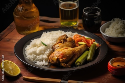 asian food chicken fried with sauce and rice served on plate