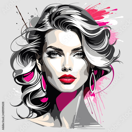 AI-generated glamorous portrait of a woman with a beautiful hairstyle. Beauty salon poster. Vector illustration isolated on blue background.