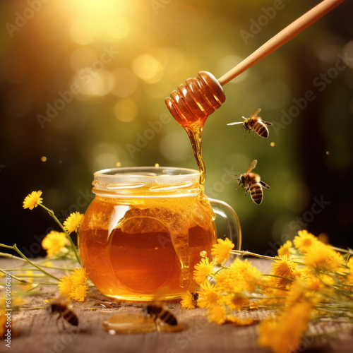 Honey in a glass jar with a wooden spoon dipper. Still life on a wooden table with flowers and flying bee. Healthy sweet food. Close up photo