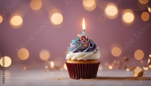 Delicious birthday cupcake on table on light background, copy space for text
