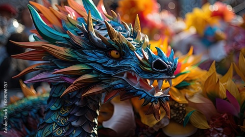 Close-up shots of dragon dance performances during New Year festivities, capturing the vibrant colors and dynamic movements