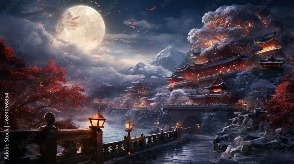 Full silver moon shining over Chinese castle nestled in valley with lake surrounded by mountains. Drawn style.