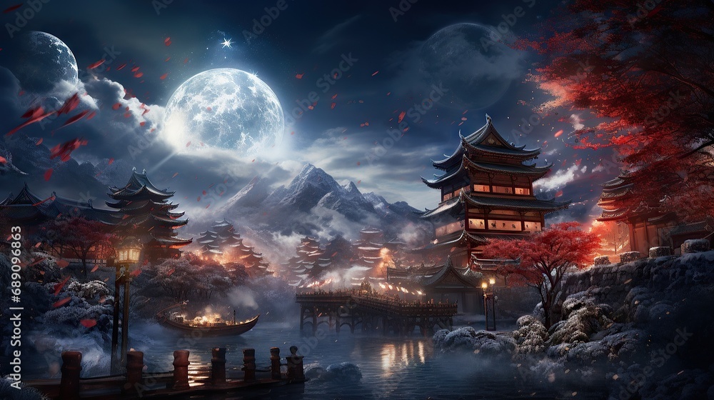 Chinese town nestled in a valley with lake surrounded by mountains, lit up by big silver moon at dark night. Drawn style.