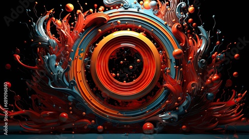 Poster, banner. digital art painting of circles in bright color scheme and balls against black background