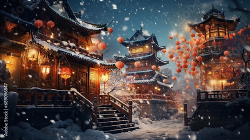 Tela Chinese temple surrounded lanterns hanging from the eaves and snow covering the roof of temple and ground around it