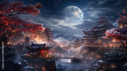 Landscape of an ancient eastern town located in an unusually beautiful place among mountains and forests lit by moon photo