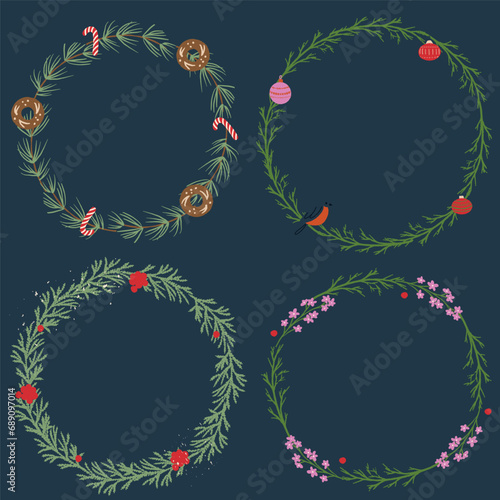 Fototapeta Naklejka Na Ścianę i Meble -  Christmas green wreaths with red flower, pine branches, floral. Christmas vector frame.