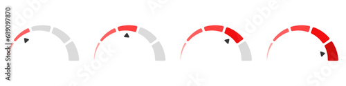 Speedometer scale vector set. Risk meter icons set. Business speedometer vector icon template. Energy meter icon. Gauge level vector.  Tachometer low and high barometers. The value on the speedometer 