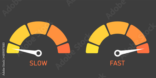 Speedometer scale vector set. Risk meter icons set. Business speedometer vector icon template. Energy meter icon. Gauge level vector.  Tachometer low and high barometers. The value on the speedometer  photo