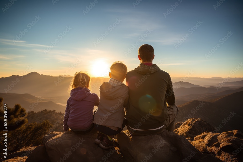 A father enjoys a view with his three young children. They have a sense of achievement after scaling a mountain. The sun is low, the sky providing a space for copy. 