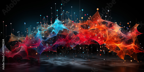 Abstrakte leuchtende Elemente in bunten Farben als Hintergrundmotiv für Webdesign im Querformat für Banner, ai generativ