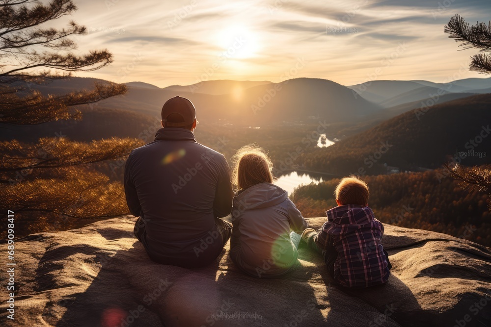 A father enjoys a view with his three young children. They have a sense of achievement after scaling a mountain. The sun is low, the sky providing a space for copy. A father enjoys a view with his three young children. They have a sense of achievement after scaling a mountain. The sun is low, the sky providing a space for copy.