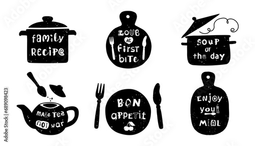 Cooking lettering for kitchen and restaurants. Black vector labels with short phrases. Set with kitchenware silhouette