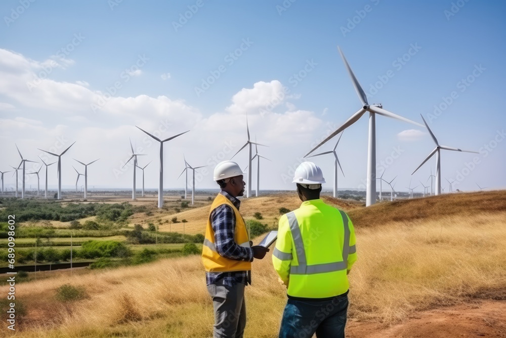 African Male engineer using drone for top view inspection wind turbine farm. African Male engineer using drone for top view inspection wind turbine farm.