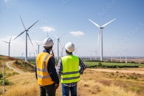 African Male engineer using drone for top view inspection wind turbine farm.