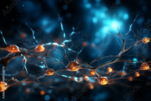 Neural networks of the human brain. 3D illustration of abstract nerve centers and cells. Electrical impulses in brain. Bright full color on dark blue background.