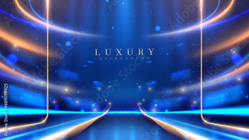 Empty podium golden on blue background with light neon effects with bokeh decorations. Luxury scene design concept. Vector illustrations.