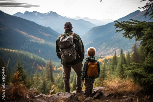 Father and son pause at edge of trail, mountainside.