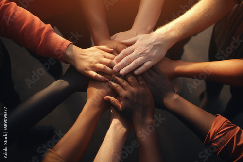 No room for racism  Many hands of different races and ethnicities. United for equality