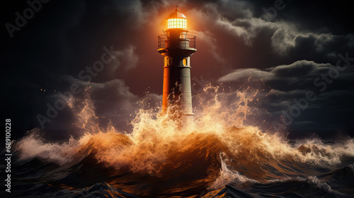 lighthouse in the night created with Generative AI technology photo