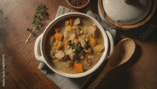 White stew with beans, meat, carrots and potatoes on the table, wooden spoon